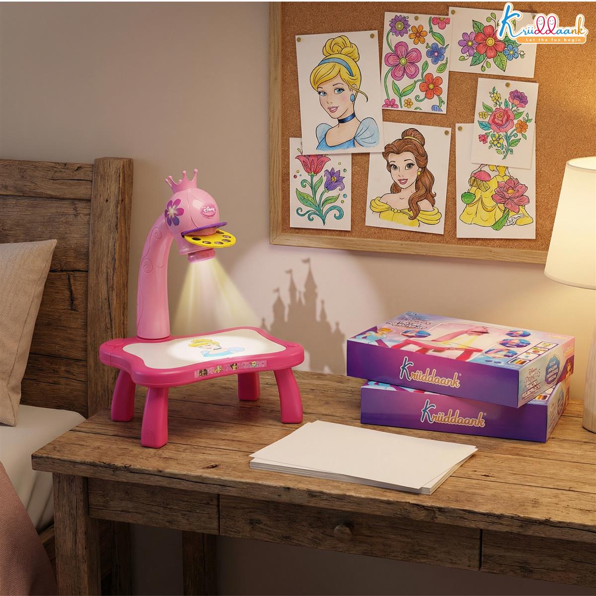Kriiddaank Disney Princess Tracing Projector for Kids - Drawing Set with 24 Patterns, Stencils & Markers - Creative Art Toy for Girls 3+ Years, Adjustable Focus, Pink Battery Operated Drawing Desk