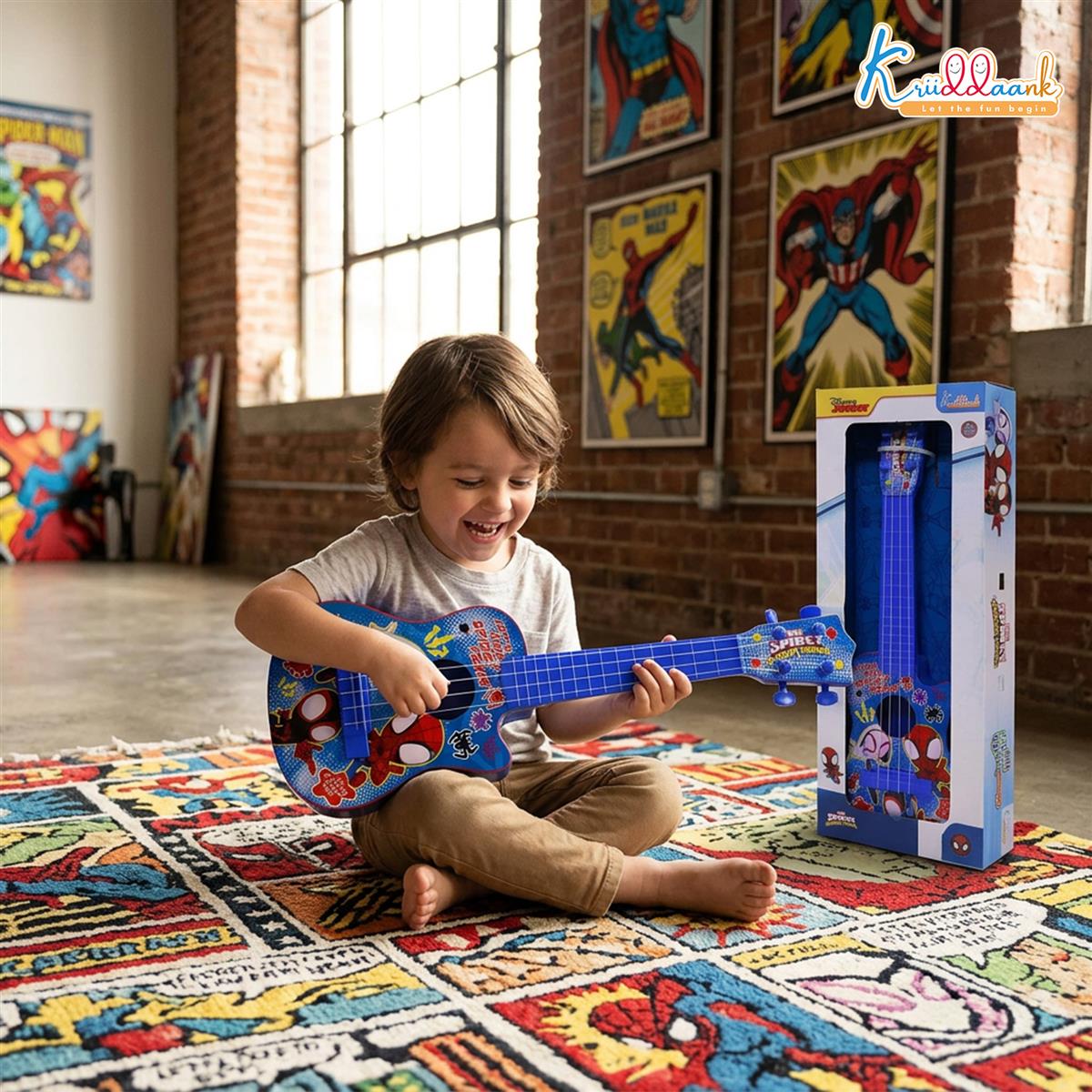 Spiderman 4-String Small Toy Guitar for Kids (3+ Years) - Adjustable String Tension, Fingerstyle Tab & Pick | Educational Musical Instrument for Boys | Portable & Safe Design, Blue