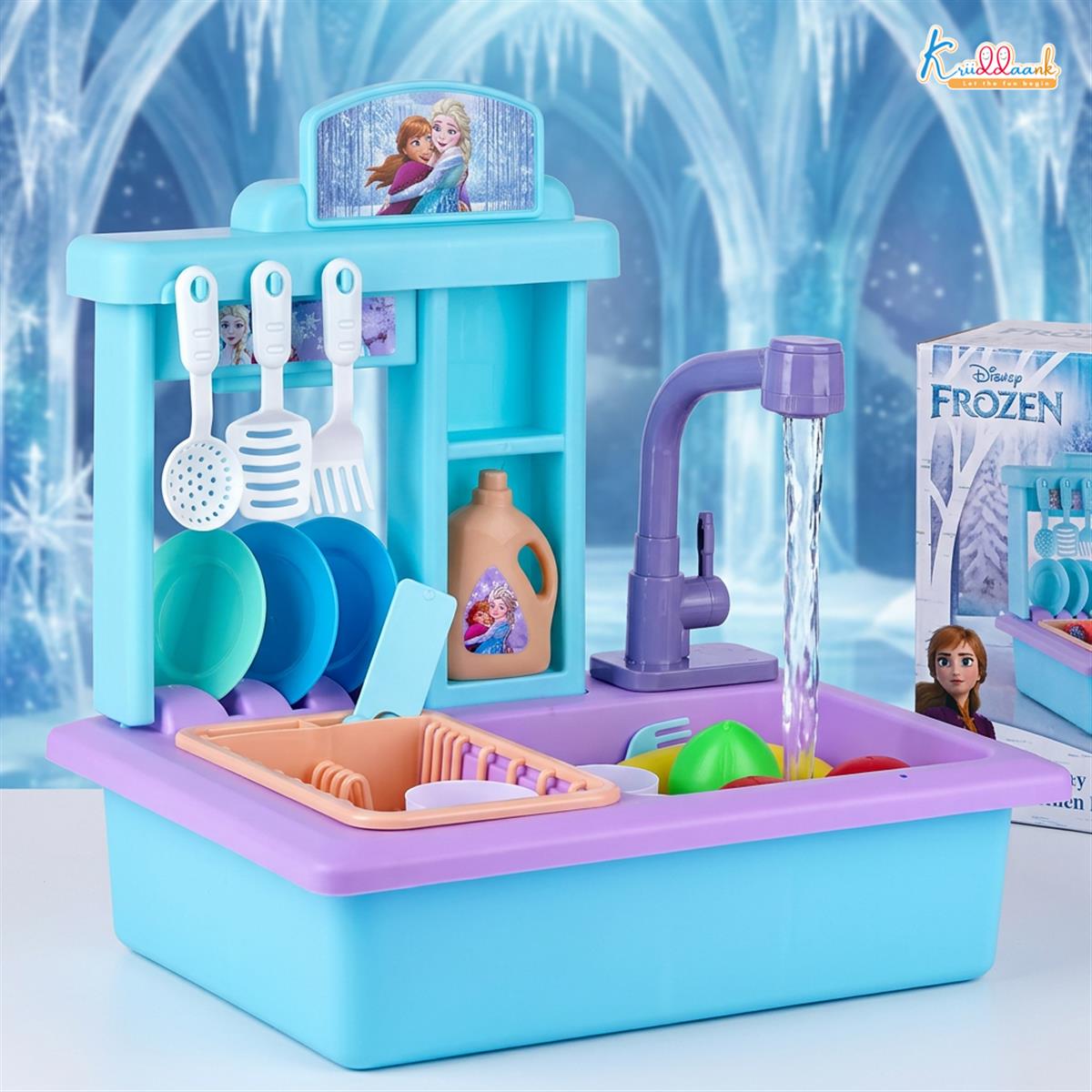 Kriiddaank Frozen Theme Kitchen Toy Set for Girls - Realistic Sink with Running Water, Electric Faucet, 22 Pcs Utensils & Accessories, Pretend Play Cooking & Baking Set for Kids Age 3+ (Turkish Blue)