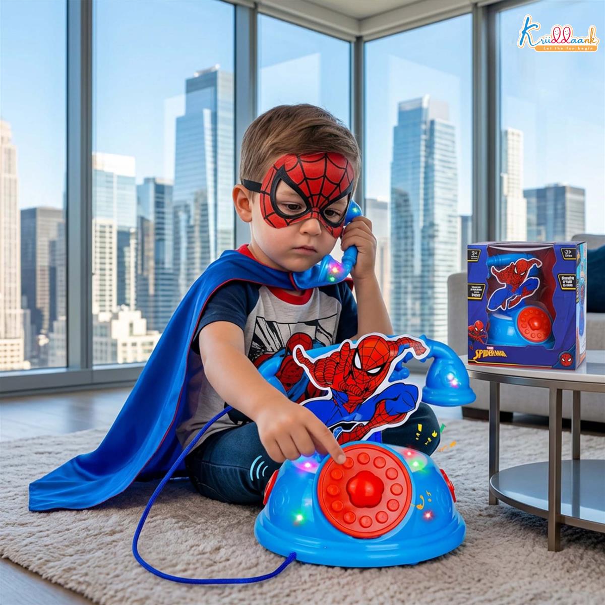 Kriiddaank Spiderman Talking Telephone Toy for Kids - Interactive Musical Pretend Play Phone with Sounds, Educational Learning Toy for Boys & Girls 3+ Years, Durable & Portable Design, Blue