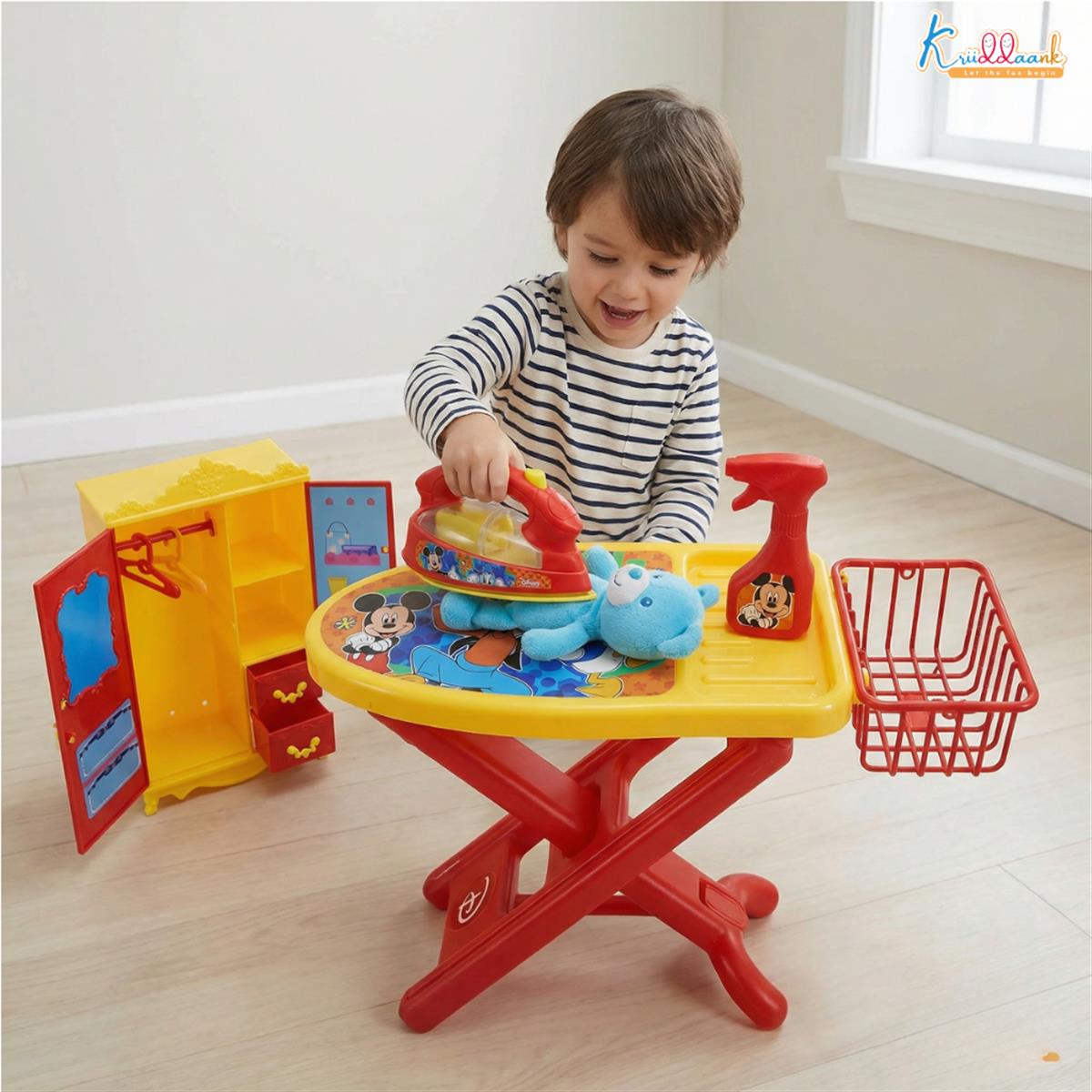 Disney Mickey Mouse Ironing Playset for Kids - 8-Piece Portable Toy Set with Light & Sound Iron, Ironing Stand, Cupboard, Water Spray & Basket - Fun Educational Pretend Play Gift for Ages 3+