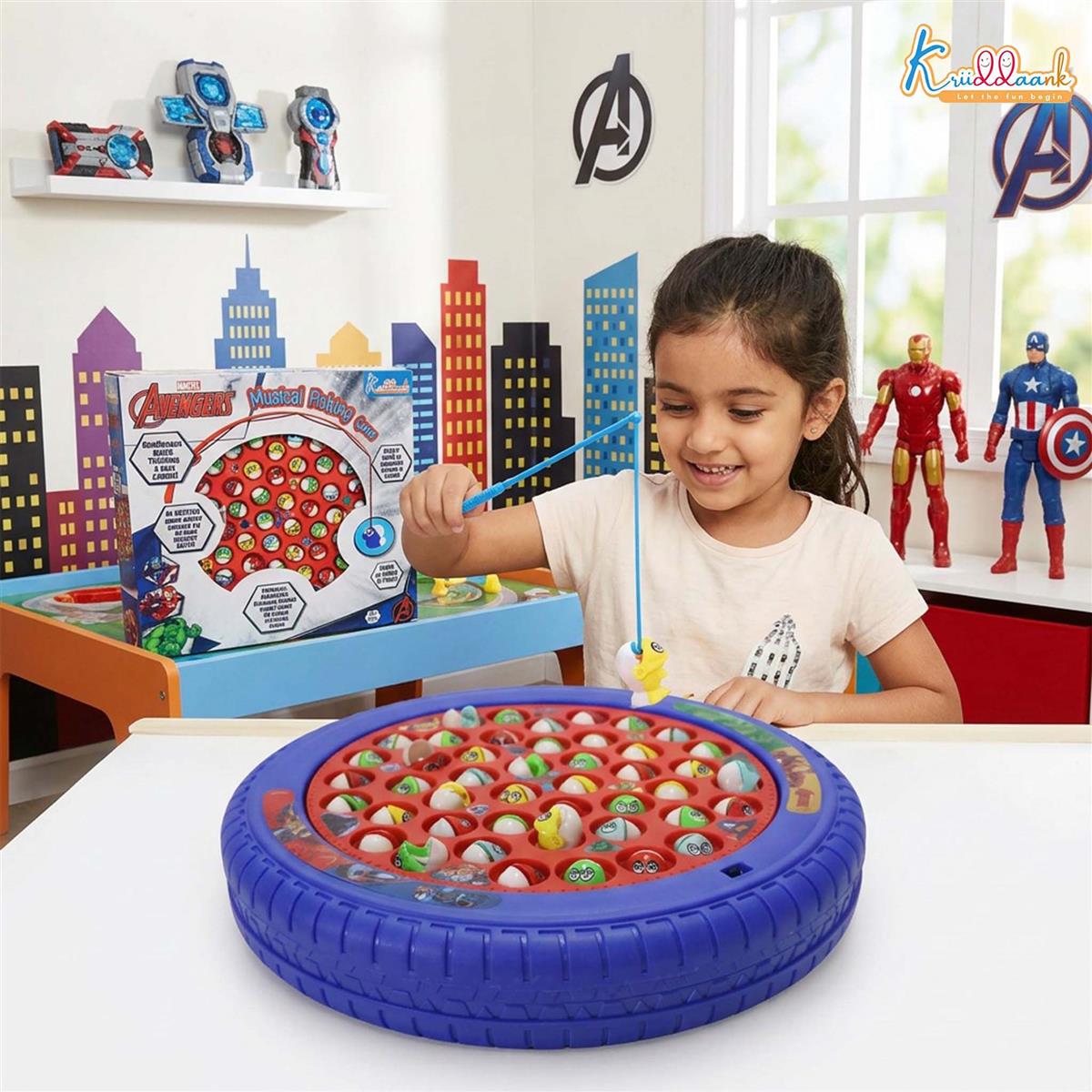 Avengers Musical Fishing Game for Kids - Electronic Rotating Board with 45 Fishes & 4 Poles, Battery Operated Interactive Educational Toy for Boys & Girls Age 3+ Years (Red Ocean Theme)