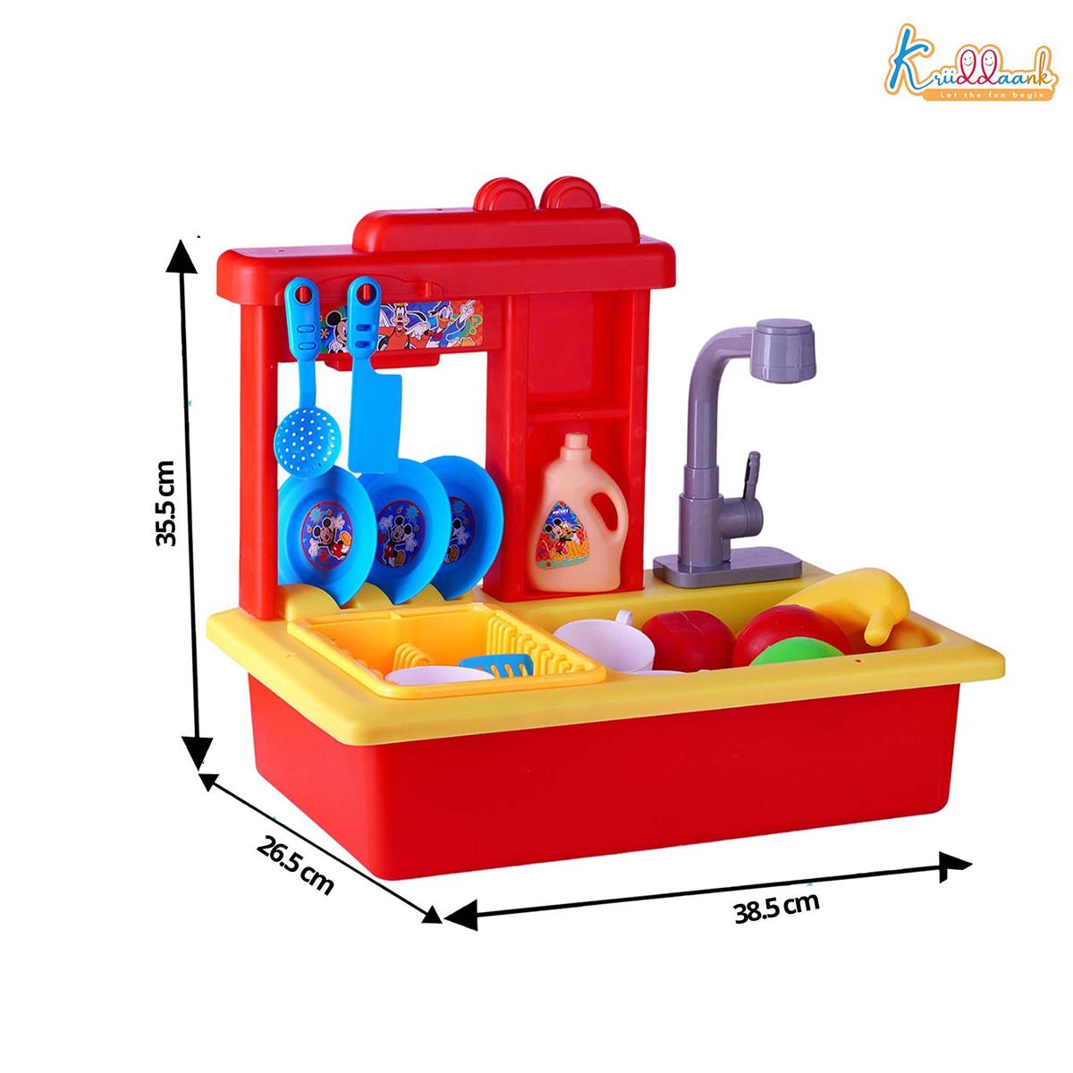 Kriiddaank Mickey Toy Kitchen Sink - 22 Pc Pretend Play Kitchen Set with Electric Running Water Faucet, Automatic Water Recycling System & Dishes - Disney Mickey Theme Role Play Toy for Kids 3+