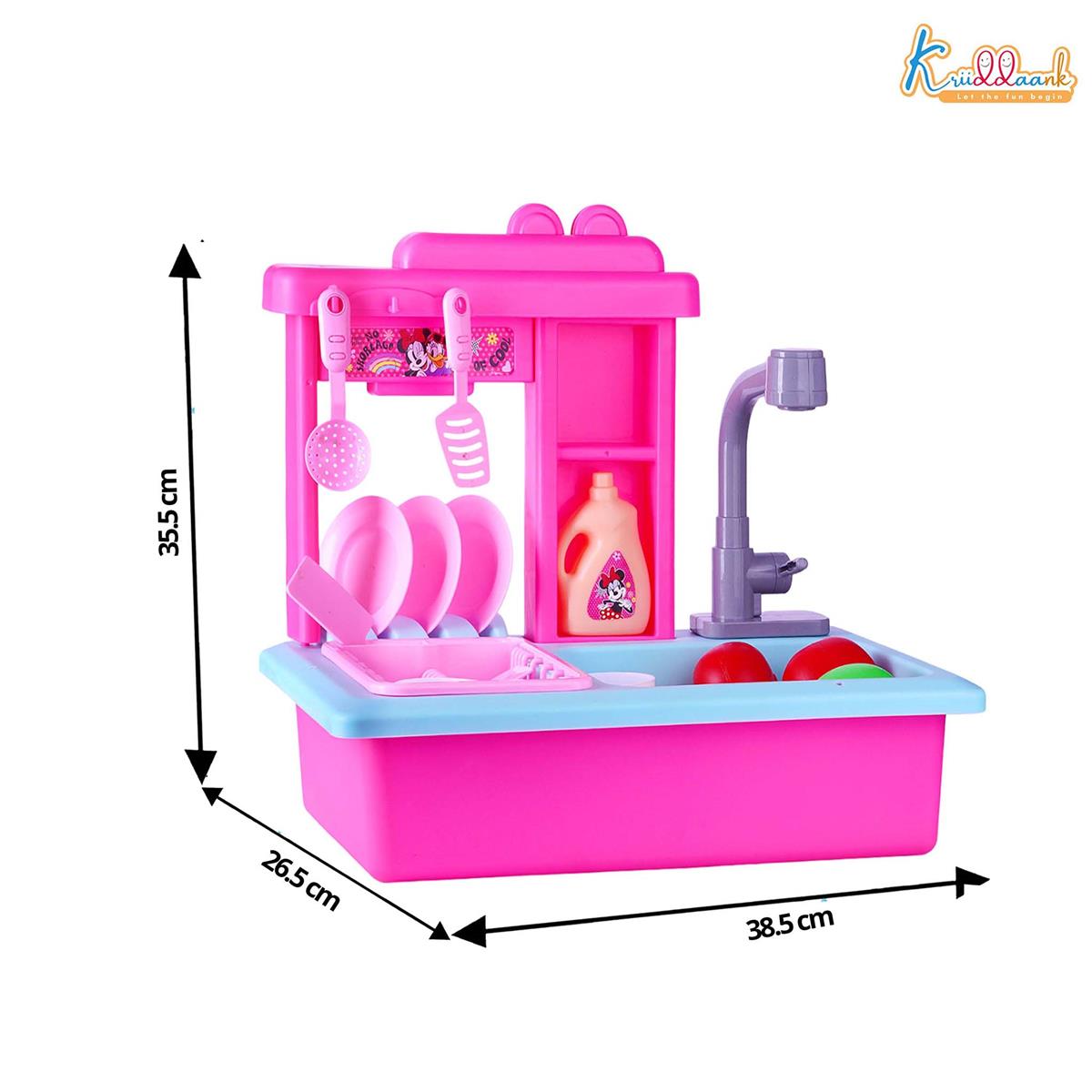 Kriiddaank Minnie Toy Kitchen Sink for Kids - Pretend Play Sink with Electric Faucet & Running Water, 22-Piece Kitchen Accessories Set, Pink Role Play Toy Set for Toddlers and Girls 3+ Years