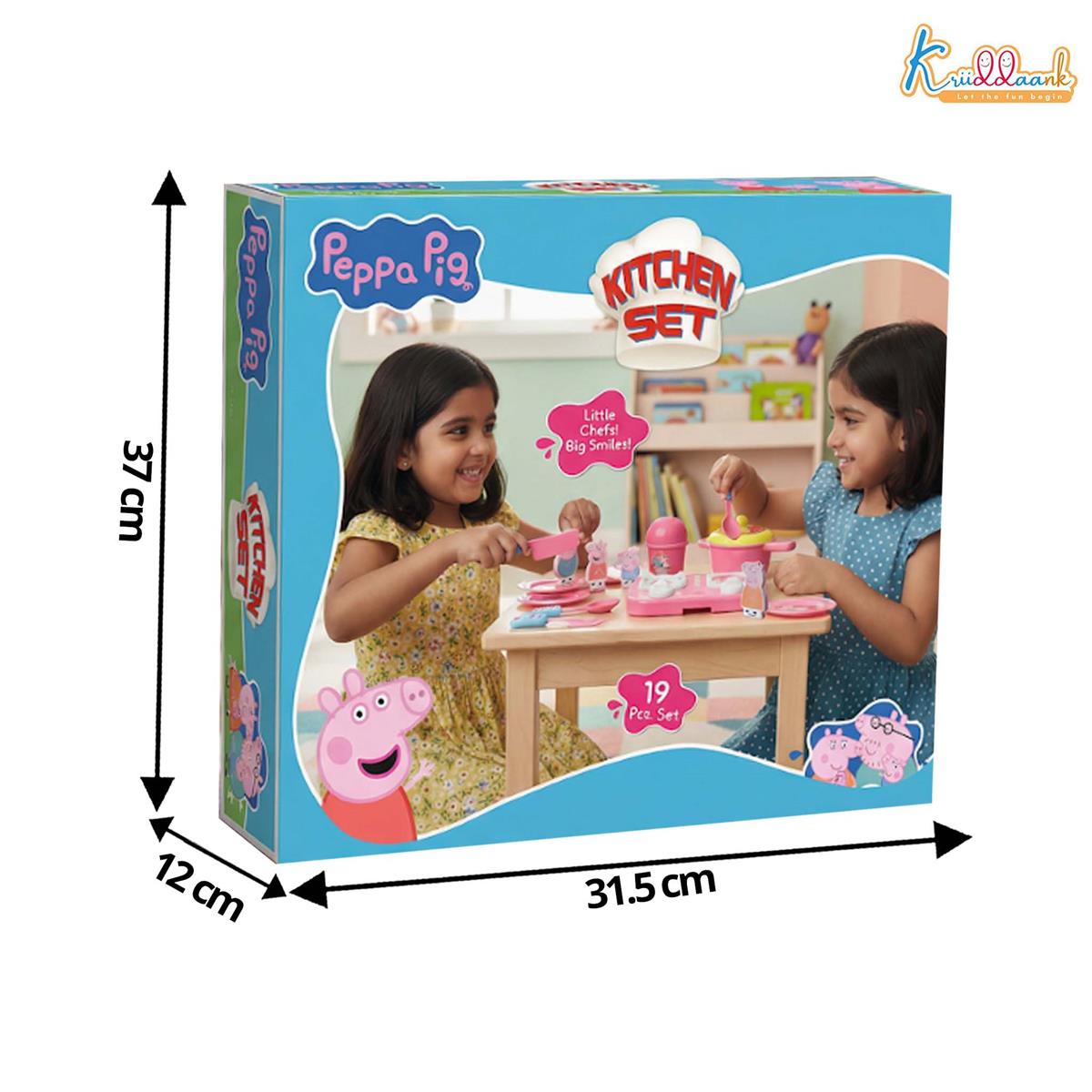Kriiddaank Peppa Pig Inspired Kitchen Set with 2D Family Figures - 19 Pcs Pretend Play Toy for Kids Ages 3+ | Includes Peppa, George, Mummy & Daddy Pig | Battery Operated Lights, Multicolor