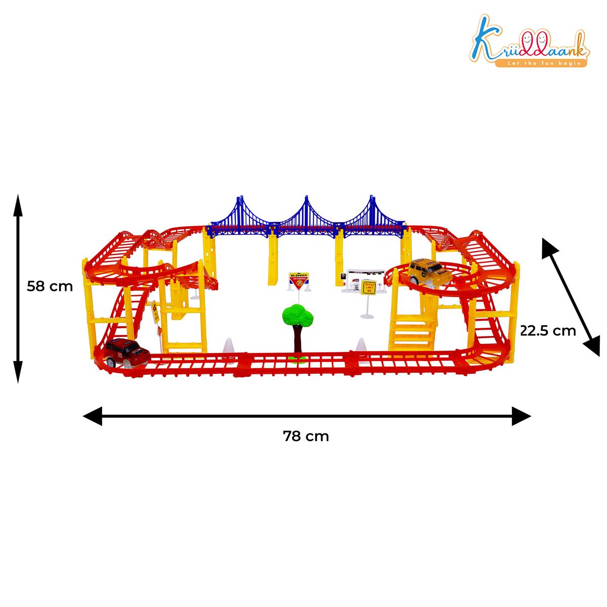 Car Track Medium (84 Pcs) Disney Cars Theme Race Track Set with 2 Diecast Cars, Bridges, Road Signs & Petrol Pump - Battery Operated DIY Racing Play Set for Kids 3+ Years
