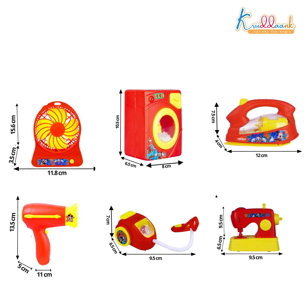 Mickey Mouse 6-Piece Mini Household Toy Set - Battery Operated Washing Machine, Vacuum Cleaner, Sewing Machine, Hair Dryer, Iron & Fan - Interactive Pretend Play Appliances for Kids Ages 3+