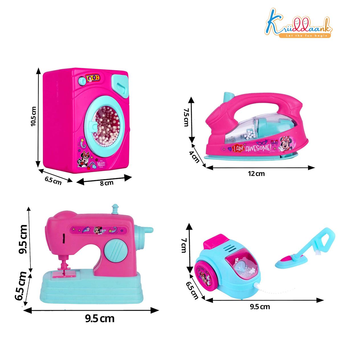 Minnie Mouse Theme Household Role Play Set (4-Piece) - Toy Washing Machine, Vacuum Cleaner, Iron & Hair Dryer with Lights - Educational Pretend Play Gift for Girls 3+ Years Old