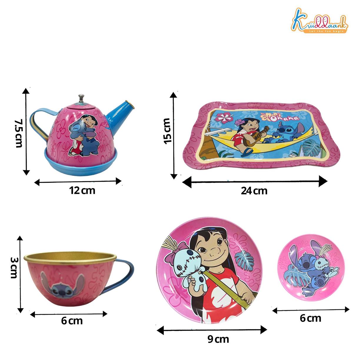 Stitch Kids Metal Tea Set - 14-Piece Pretend Play Tea Party Set with Teapot, Cups, Saucers & Serving Tray - Durable Tin Toys for Boys & Girls Ages 3+ Years - Perfect Gift for Stitch Fans