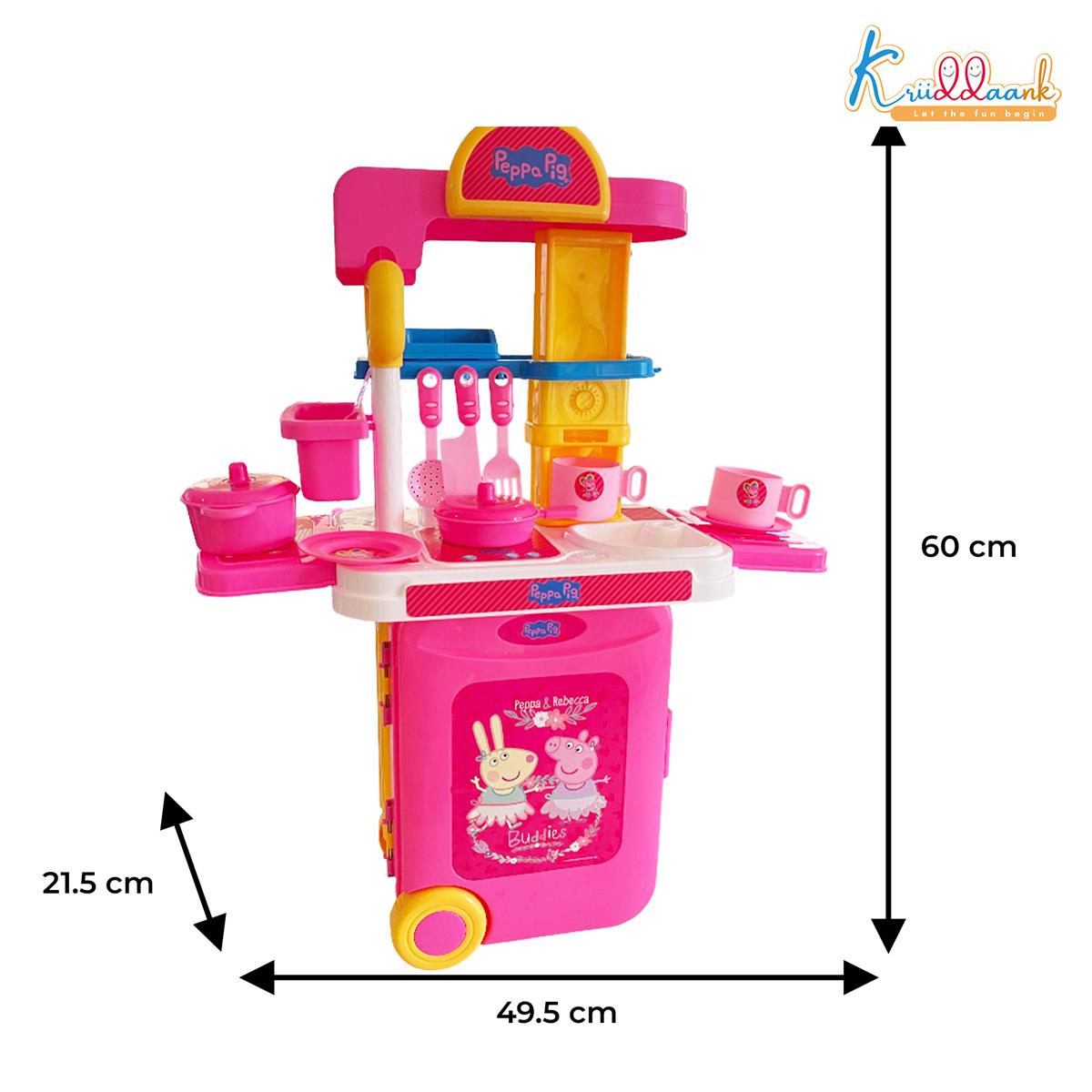 Kriiddaank Peppa Pig Kitchen Set for Girls - 2-in-1 Portable Trolley & Chef Playset with 20+ Accessories, Music & Lights - Educational Pretend Play Cooking Toy for Kids 3+ Years (Pink)