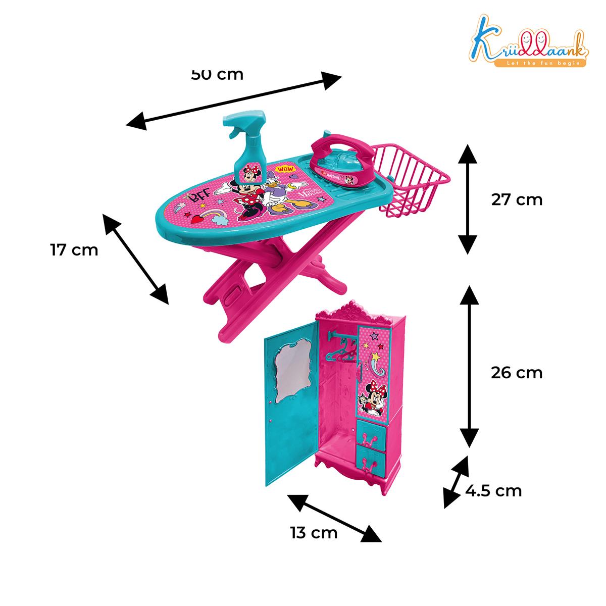 Minnie Mouse Iron Playset for Kids - 8 Piece Portable Ironing Stand & Cupboard Set with Lights & Sounds - Pink Pretend Play Household Toy with Water Spray, Basket & Hanger for Girls Age 3+