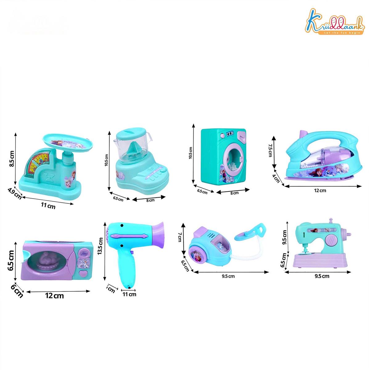 Frozen Theme 8-Piece Household Role Play Toy Set for Kids - Interactive Home Appliances Kit including Washing Machine, Vacuum, Microwave & Sewing Machine - Educational Pretend Play for Ages 3+
