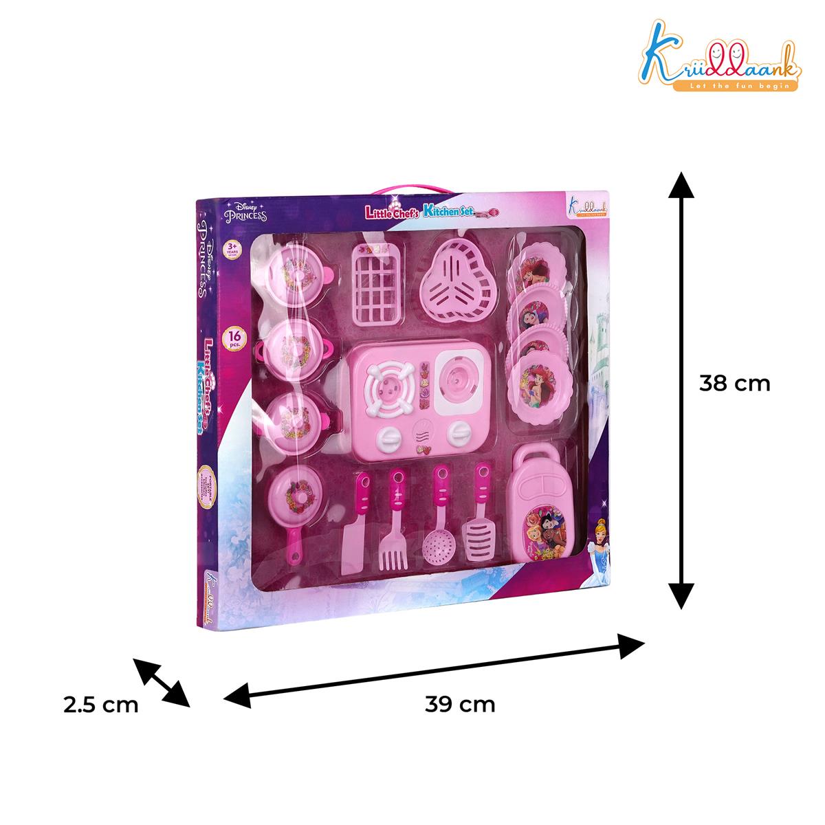 Kriiddaank Princess Little Chef Kitchen Set for Kids - 16 Pcs Pretend Play Cooking & Baking Playset with Light & Sound, Battery Operated Toy Stove, Portable Pink Kitchen for Girls & Toddlers Ages 3+