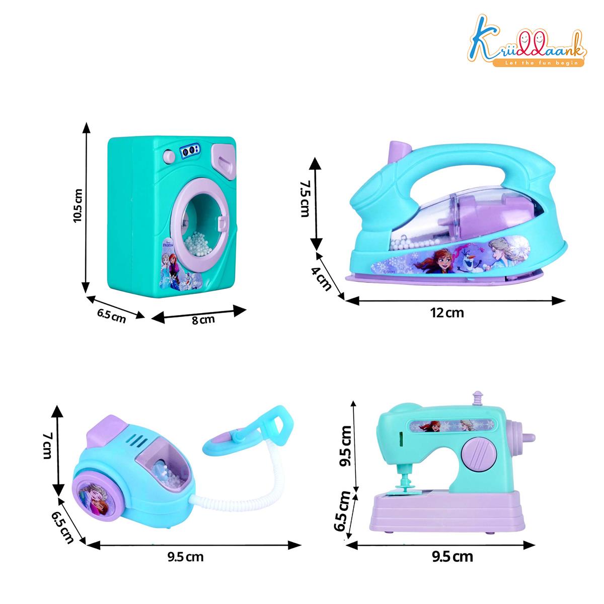 Frozen Theme Household 4pc Role Play Set - Includes Washing Machine, Vacuum Cleaner, Iron & Hair Dryer | Battery Operated Lights & Interactive Play | Non-Toxic Educational Toy for Kids 3+ Years