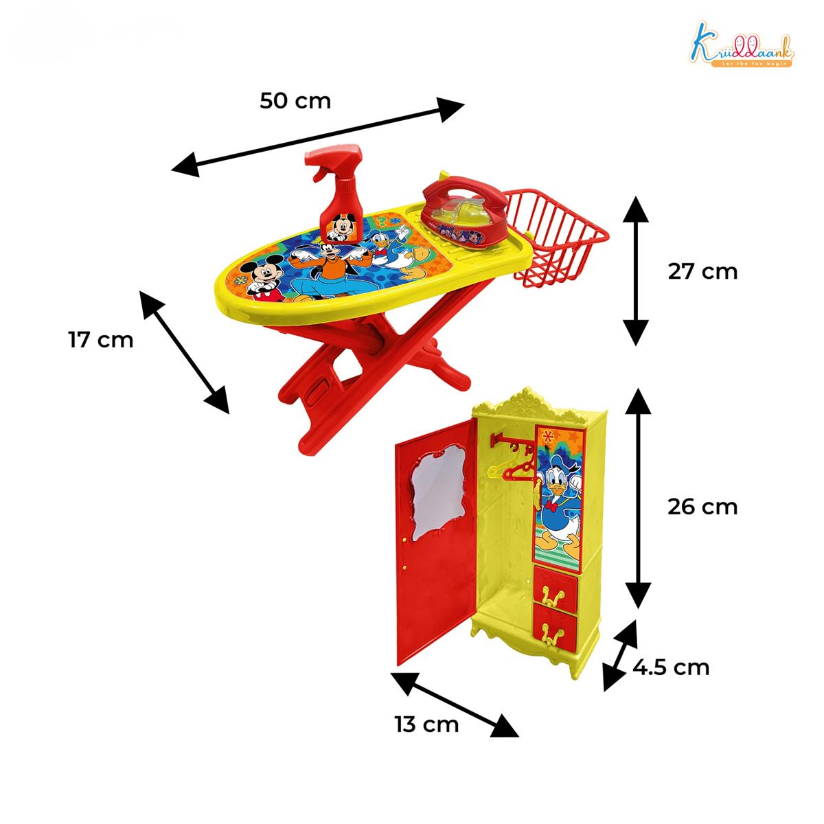 Disney Mickey Mouse Ironing Playset for Kids - 8-Piece Portable Toy Set with Light & Sound Iron, Ironing Stand, Cupboard, Water Spray & Basket - Fun Educational Pretend Play Gift for Ages 3+