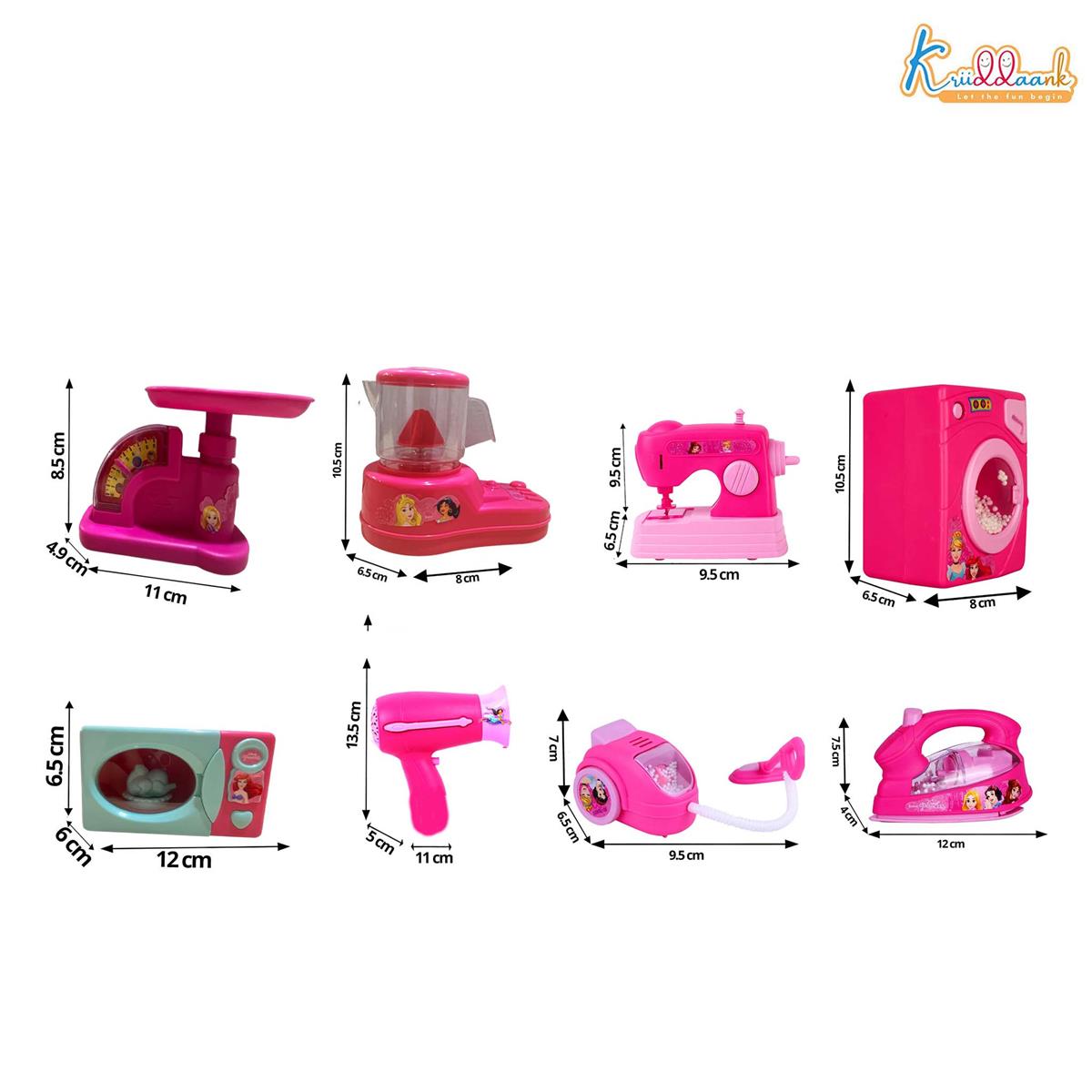 Disney Princess 8-Piece Household Role Play Toy Set - Kids Pretend Play Home Appliances with Vacuum, Washer, Microwave & Iron - Battery Operated with Lights - Pink Educational Gift for Girls Ages 3+