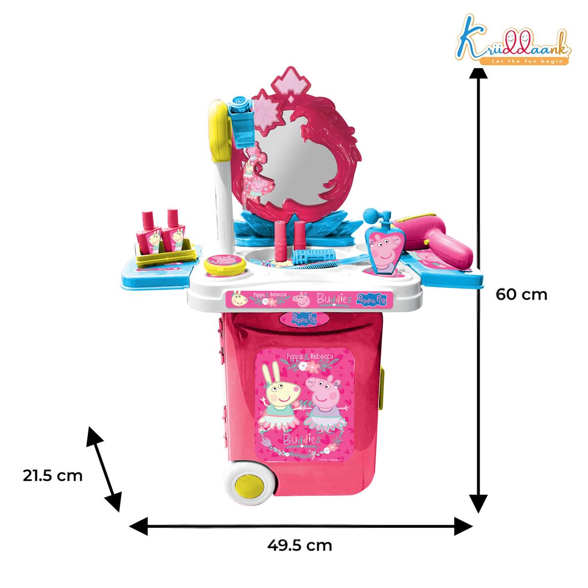 Kriiddaank Peppa Pig Dressing Set & Makeup Trolley Kit for Girls, 15 Pcs Pretend Play Beauty Set with Music & Lights, Educational Role Play Toy for Kids 3+ Years (Pink)