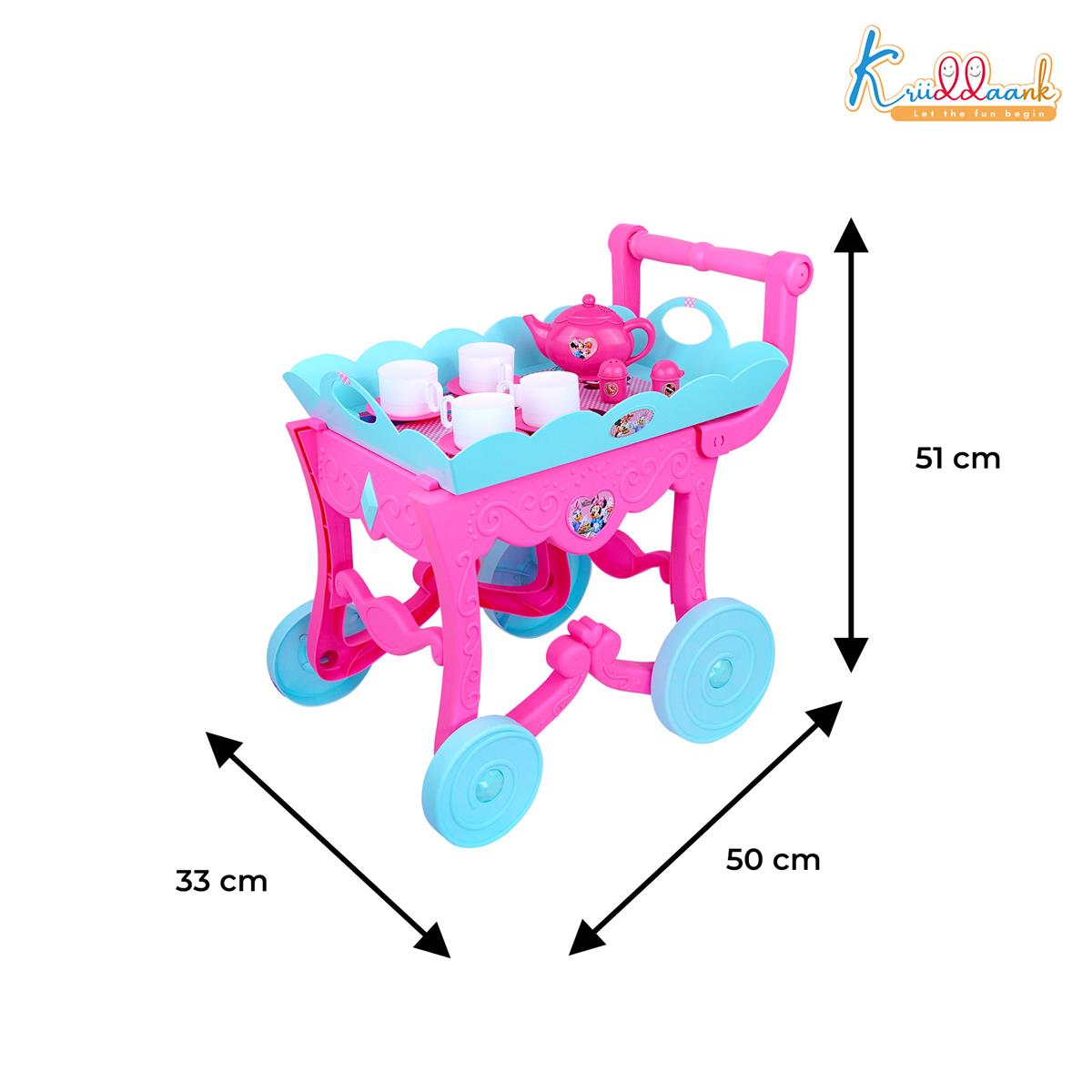 Minnie Tea Trolley Set for Kids - 32 Pcs Pretend Play Tea Party Toy with Electronic Kettle, Lights & Music - Battery Operated Educational Kitchen Set, Pink, Gift for Girls Age 3+
