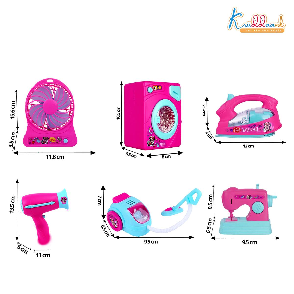 Minnie Mini Household Set (6pcs) - Battery Operated Hair Dryer, Vacuum Cleaner, Washing Machine, Iron, Sewing Machine & Fan - Educational Pretend Play Toy for Girls, Safe & Interactive Pink Toy Set