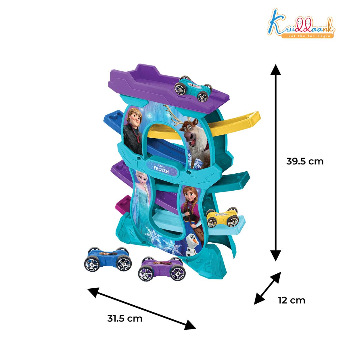 Frozen Zig Zag Zoomer Ramp Racer Car Track for Toddlers - 6-Level Lever Race Track with 4 Mini Vehicles - Educational Building Set for Kids 3+ - Non-Toxic & Safe (15 Pieces)