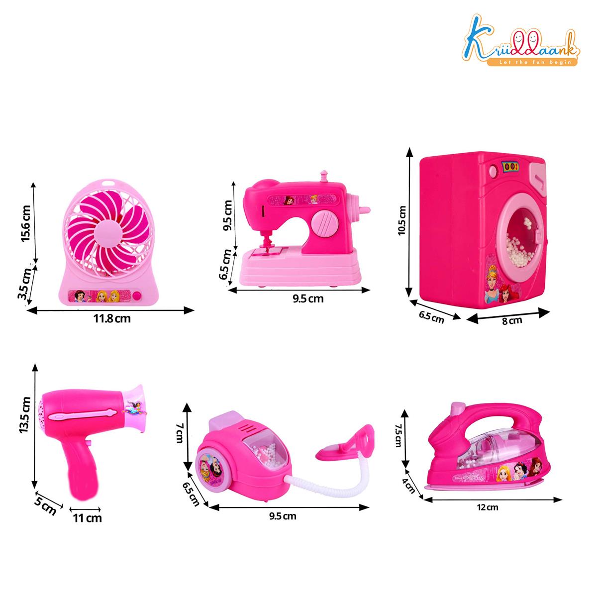 Disney Princess 6-Piece Household Role Play Toy Set - Interactive Washing Machine, Vacuum, Sewing Machine & Accessories with Lights - Educational Pretend Play Kit for Kids Ages 3+