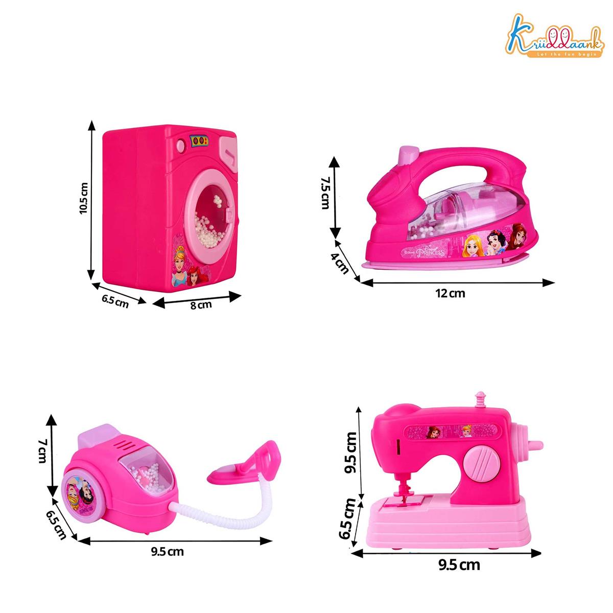 Disney Princess Theme 4pc Household Role Play Set - Includes Toy Washing Machine, Vacuum Cleaner, Iron & Hair Dryer - Educational & Fun Pretend Play Home Decoration Kit for Kids Ages 3+