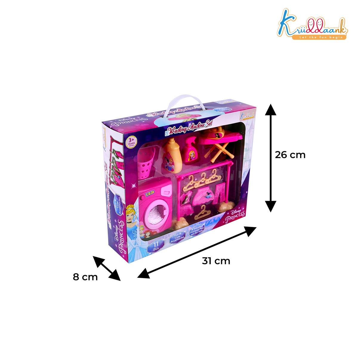 Kriiddaank Disney Princess Theme Washing Machine Toy for Toddlers, 15-Piece Pretend Play Laundry Set with Ironing Table & Accessories, Musical Interactive Toy for Kids 3+ Years (Pink)