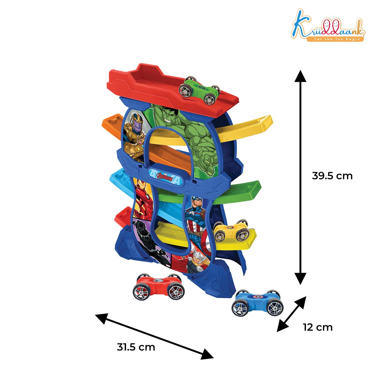 Avengers Zig Zag Zoomer Ramp Racer Car Track for Toddlers - 6-Level Lever Racing Set with 4 Mini Vehicles - 15 Piece Superhero Toy for Kids 3+ Years - Non-Toxic, Educational & Fun Development Toy