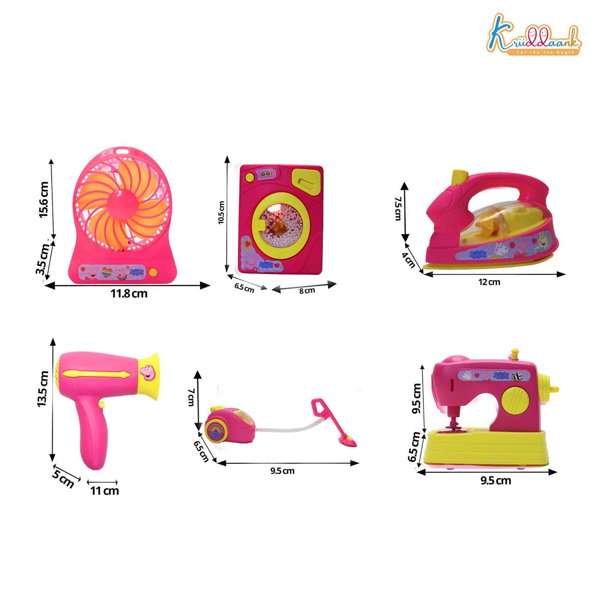 Peppa Pig Mini Household Toys 6-Piece Set for Kids | Includes Washing Machine, Sewing Machine, Vacuum, Fan, Hair Dryer & More | Battery Operated with Lights & Motion | Role Play Set for Ages 3+