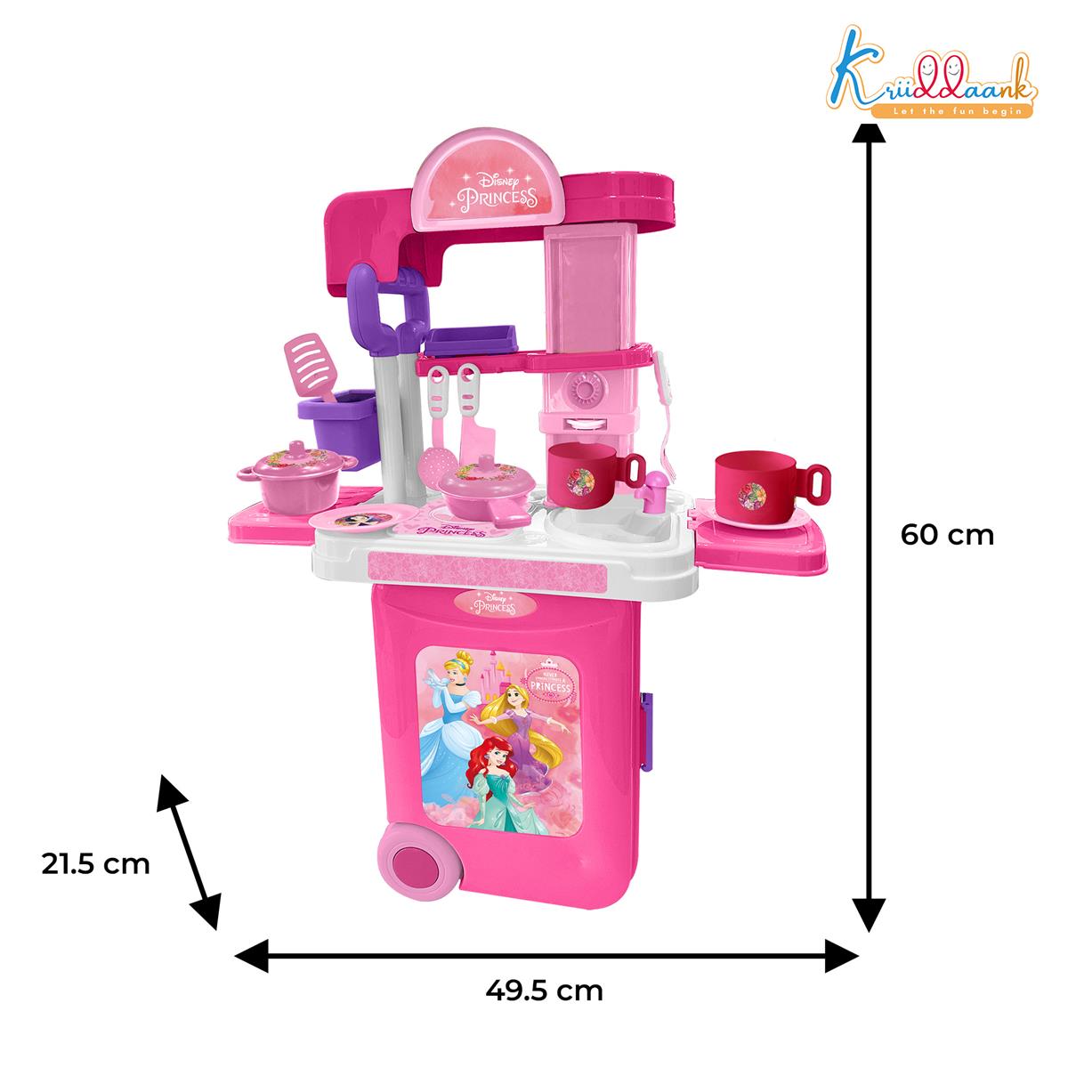Kriiddaank Disney Princess Kitchen Set - 20 Pcs Portable Pretend Play Toy with Trolley Bag, Music & Lights, Cooking & Baking Playset for Girls Ages 3+, Pink