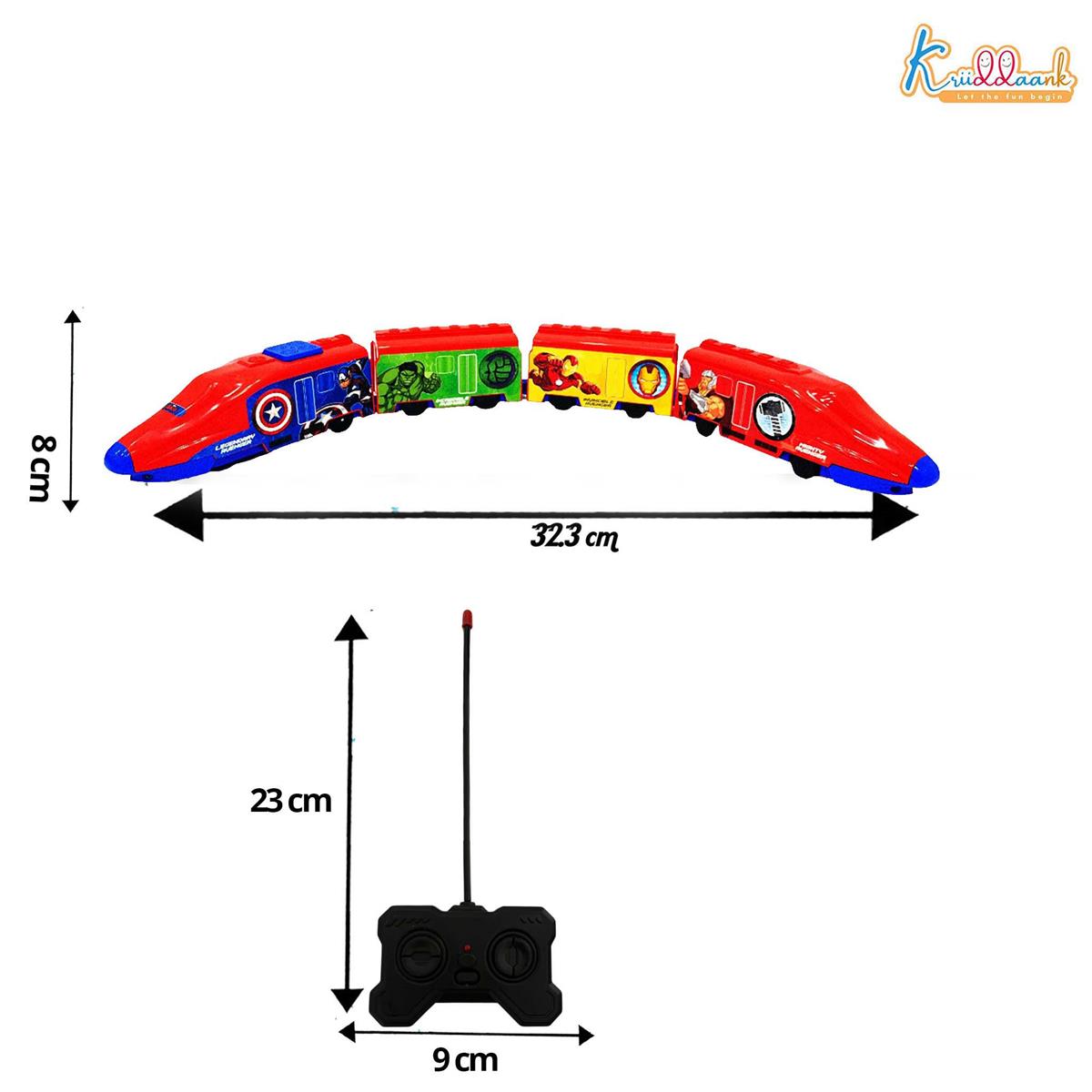 Kriiddaank Avengers Theme RC Train Toy for Kids - Rechargeable Remote Control EMU Express Train with LED Lights & Sound Effects, Superhero Railway Set for Boys & Girls 3+ Years (Blue)