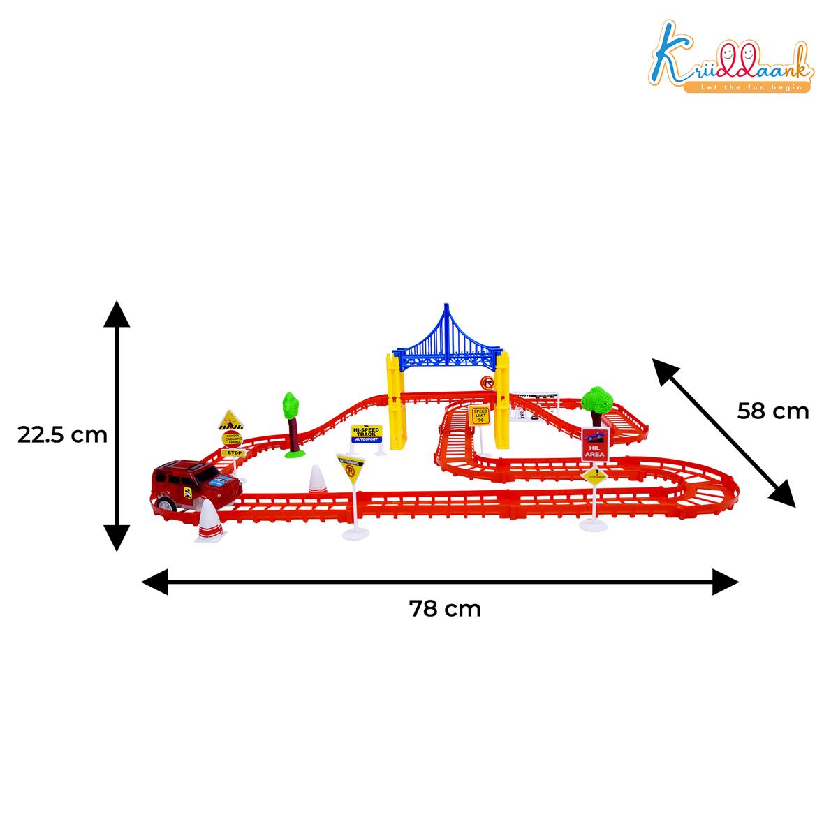 Disney Mickey Track Medium (84 Pcs) â€“ DIY Racing Track Set with 2 Cars, Bridges, Roadway Signs, Traffic Cones & Petrol Pump, Battery Operated Toy for Kids 3+ Years Old