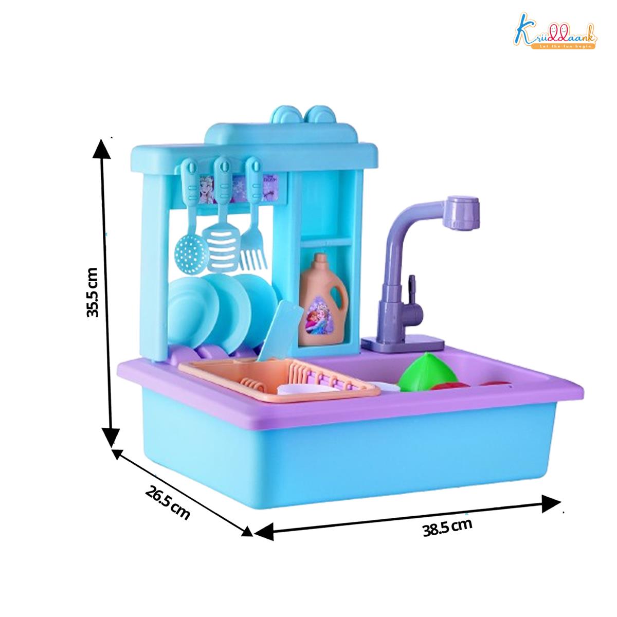 Kriiddaank Frozen Theme Kitchen Toy Set for Girls - Realistic Sink with Running Water, Electric Faucet, 22 Pcs Utensils & Accessories, Pretend Play Cooking & Baking Set for Kids Age 3+ (Turkish Blue)