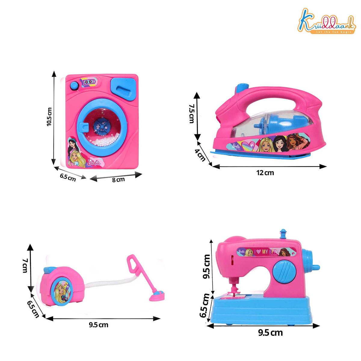 Mattel Barbie Theme Household 4pc Role Play Set - Includes Mini Washing Machine, Vacuum Cleaner, Iron & Hair Dryer - Battery Operated with Lights, Educational Toy for Kids Ages 3+ (Pink)