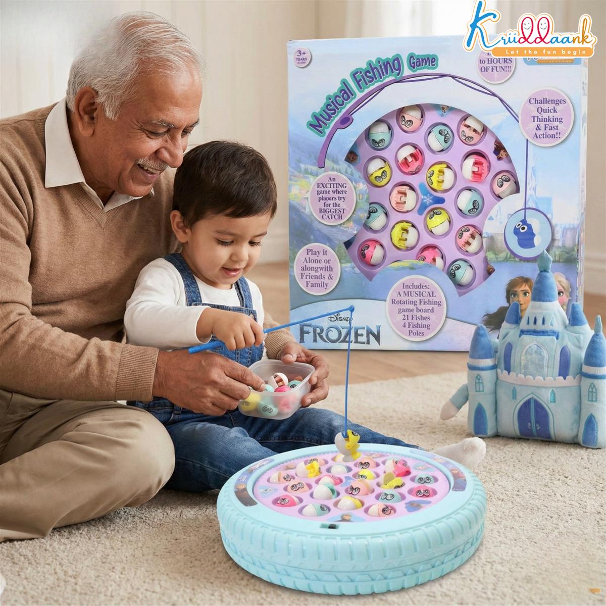 Frozen Musical Fishing Game for Kids - Battery Operated Rotating Toy with 21 Fish & 4 Fishing Poles | Educational & Interactive Learning Toy for Boys & Girls Ages 3+ | Turkish Blue