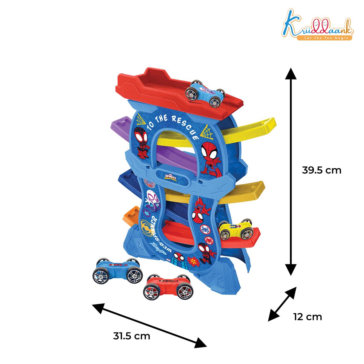 Zig Zag Zoomer Spiderman Ramp Racer Car Set for Kids 3+ Years - 6-Level Zig-Zag Racing Track with 4 Vehicles - 16 Pcs Battery Operated Educational Toy - Non-Toxic Blue Car Playset