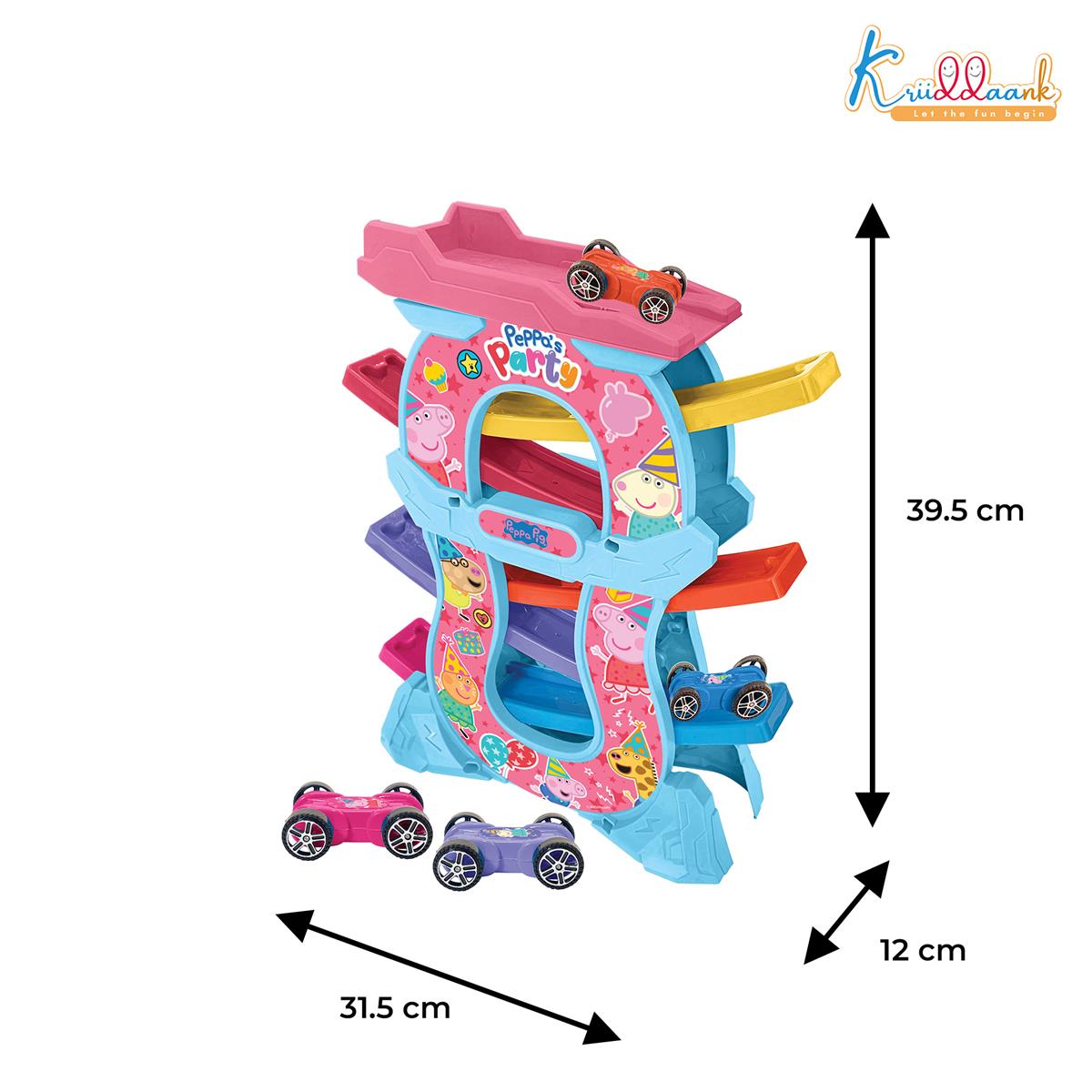 Peppa Zig Zag Zoomer Ramp Racer Car Track for Toddlers | 6-Level Racing Set with 4 Mini Vehicles | 15 Pieces Easy Assembly | Non-Toxic Educational Toy for Kids 3+ Years