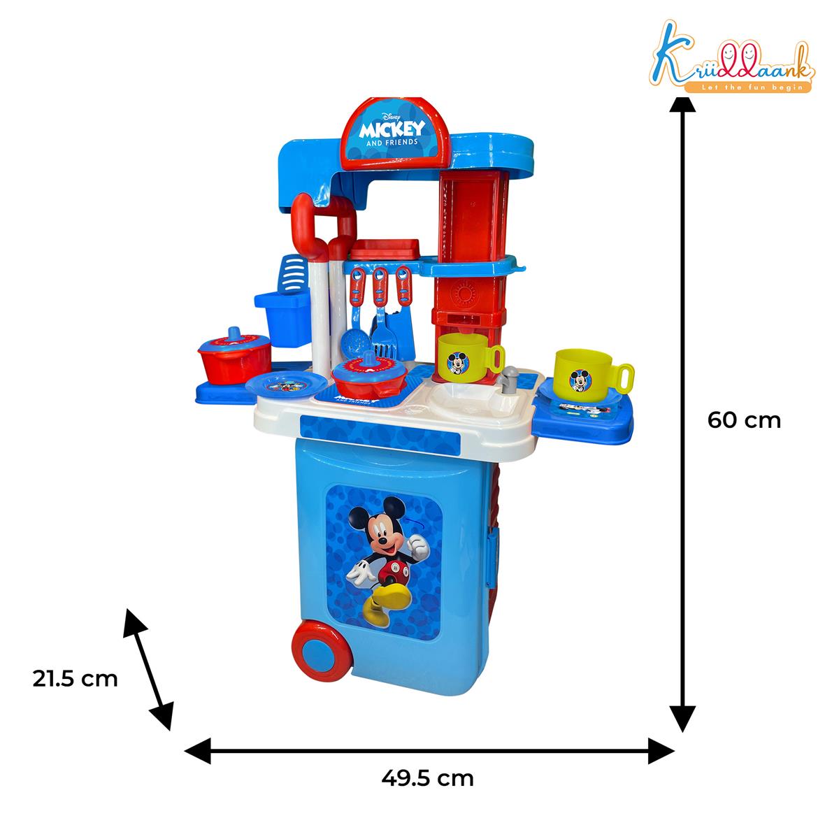 Kriiddaank Disney Mickey Kitchen Set with Trolley - 20 Pcs Pretend Play Cooking Set for Kids with Light & Sound, 2-in-1 Portable Role Play Kitchen Toy for Toddlers 3+ Years (Red)