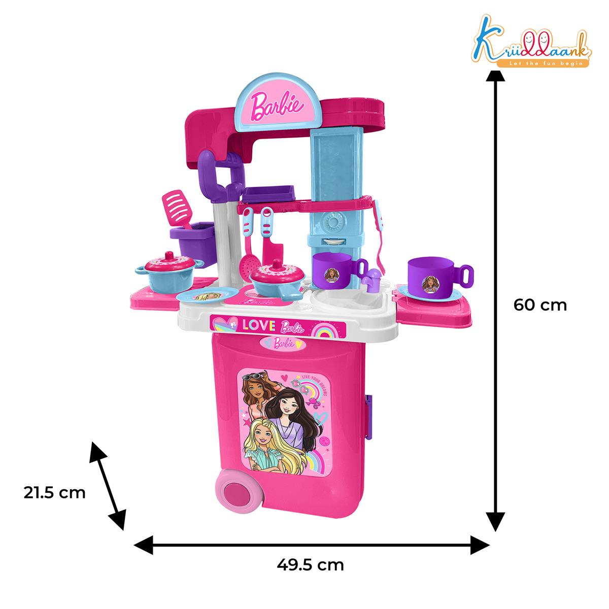 Kriiddaank Mattel Barbie Kitchen Set - Portable 2-in-1 Trolley Playset with Lights, Sound & 20 Accessories for Girls - Realistic Cooking & Baking Toy Gift for Kids 3+ Years