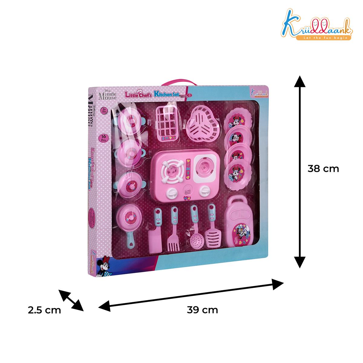 Kriiddaank Minnie Mouse Theme Little Chef's Kitchen Set for Girls - 16 Pcs Pretend Play Cooking Toy with Lights & Sound Effects, Portable Interactive Kitchen Playset for Kids Age 3+ Years (Pink)