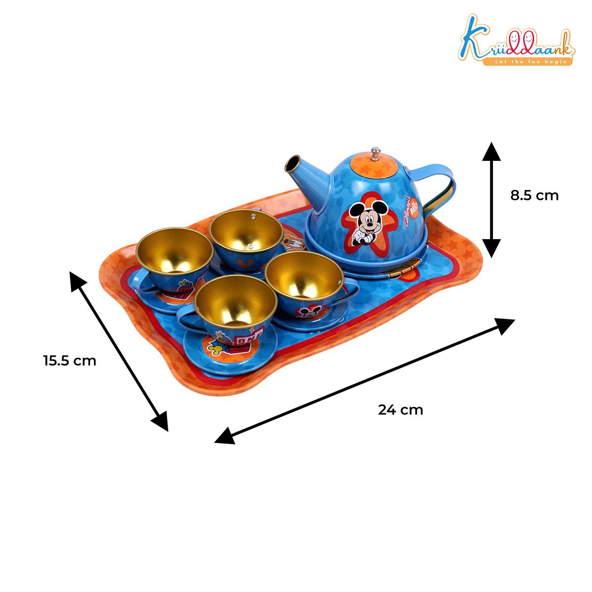 Disney Mickey 14-Piece Childrenâ€™s Tin Tea Set - Junior Pretend & Play Kitchen Toy for Kids 3+ Years Old - Includes Cups, Saucers, Tray & Coasters - Durable Metal Play Set for Boys & Girls
