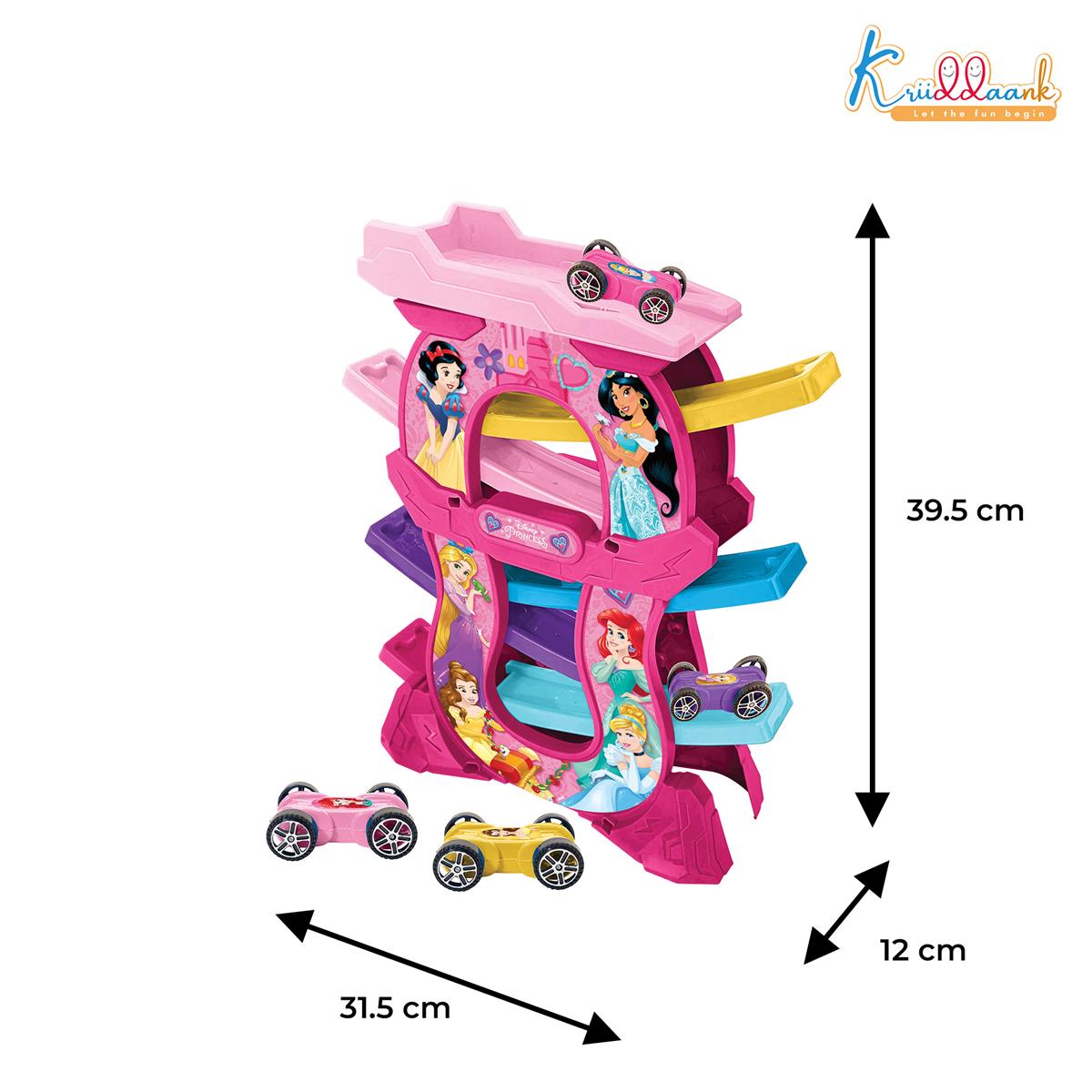 Princess Zig Zag Zoomer Ramp Racer Car Track for Toddlers - 15 Piece 6-Level Lever Toy with 4 Mini Vehicles, Non-Toxic Pink Race Track Playset for Girls 3+ Years Old