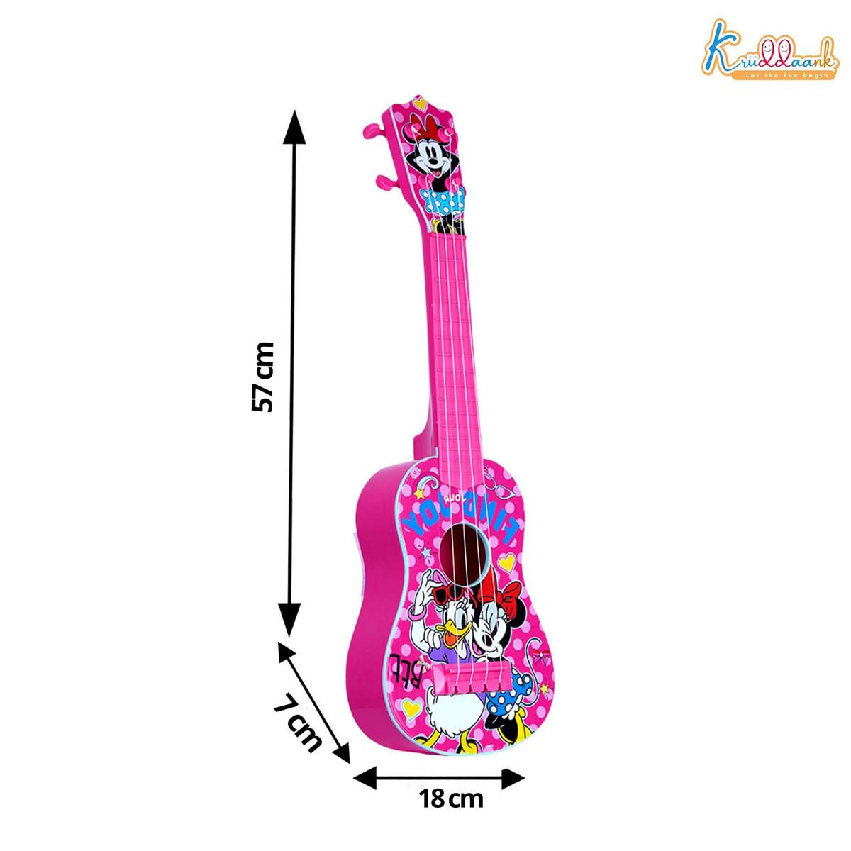 Minnie Guitar (Big) - 4-String Musical Toy for Kids with Adjustable Tension, Fingerstyle Tab & Pick - Portable Pink Guitar for Girls 3+ Years - Fun Educational Disney Themed Birthday Gift