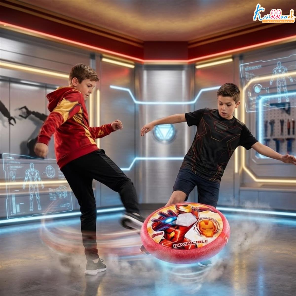 Iron Man Theme Hover Football for Kids - LED Light Up Indoor Soccer Ball with Foam Bumper, Disney Marvel Sports Toy for Boys & Girls, Safe Glide Air Power Soccer Disk, Ages 3+