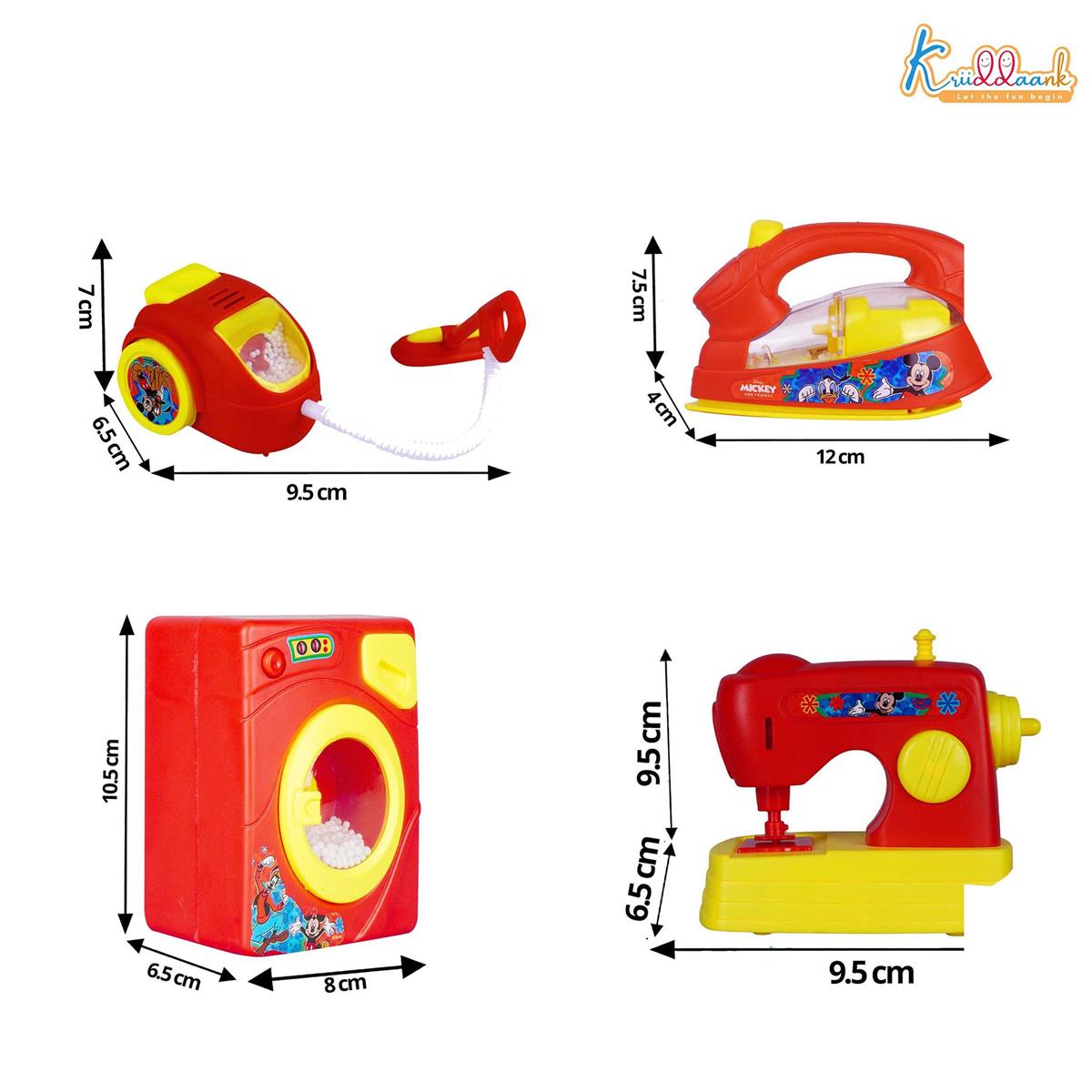 Disney Mickey Mini Household Set (4pcs) - Toy Hair Dryer, Vacuum Cleaner, Washing Machine & Iron - Battery Operated Role Play Set for Kids 3+ - Fun & Educational Red/Multicolor Gift