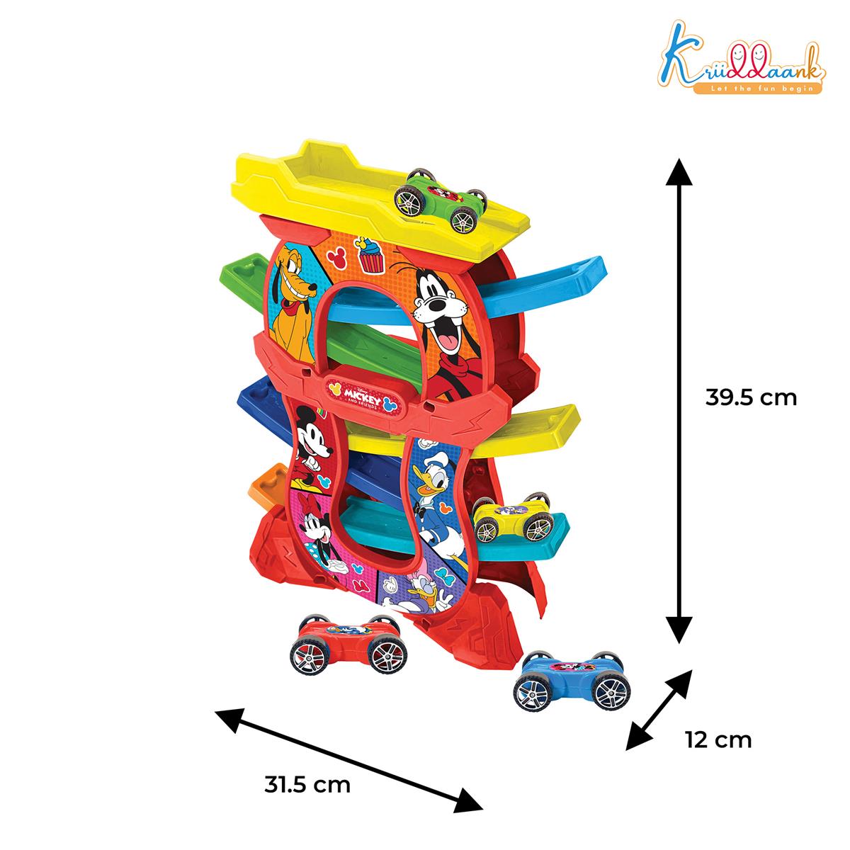 Mickey Zig Zag Zoomer Ramp Racer Car Track for Toddlers | 6-Level Lever Race Set with 4 Mini Vehicles | 15 Piece Educational Toy for Kids 3+ | Non-Toxic Mickey Mouse Themed Play Set