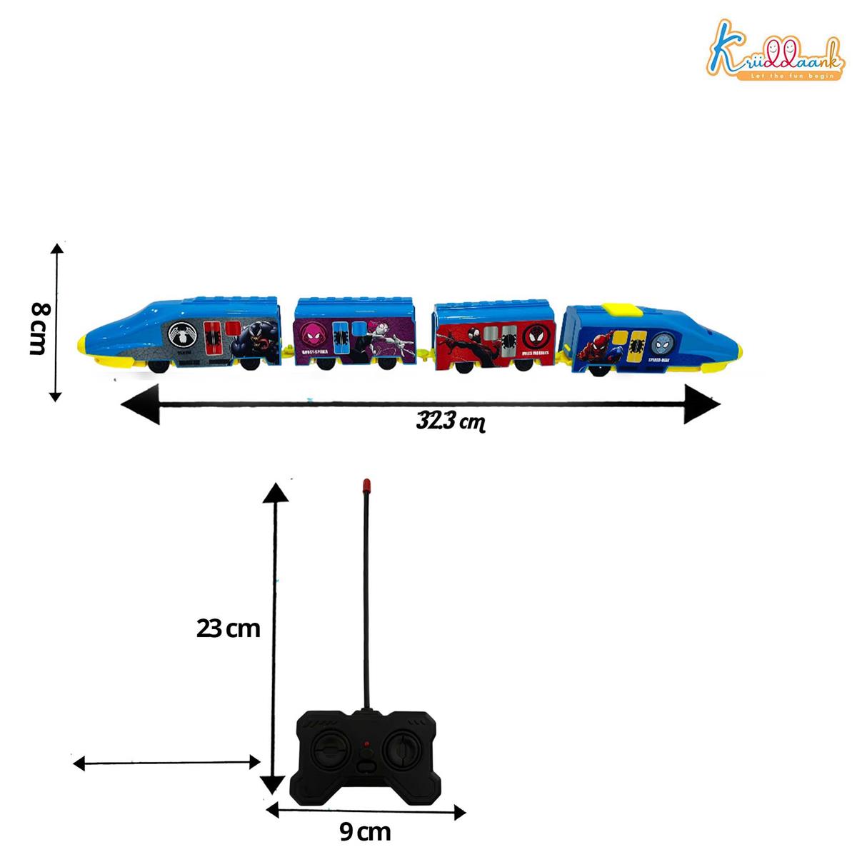 Kriiddaank Spiderman Theme RC Train Toy for Kids, Remote Control Rechargeable EMU Express Train with LED Lights & Realistic Sounds, Superhero Railway Toy for Boys & Girls (Blue)