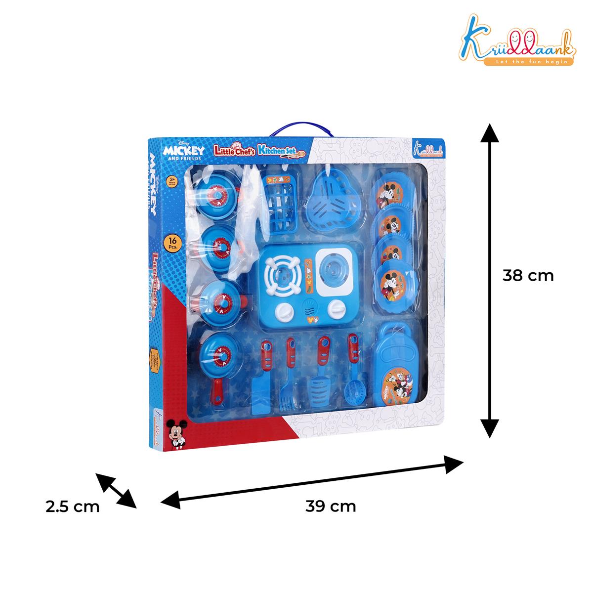 Kriiddaank Mickey Mouse Little Chef's Kitchen Set - 16 Pcs Pretend Play Cooking Set with Lights & Sounds, Portable Electric Stove Playset for Kids Aged 3+ Years