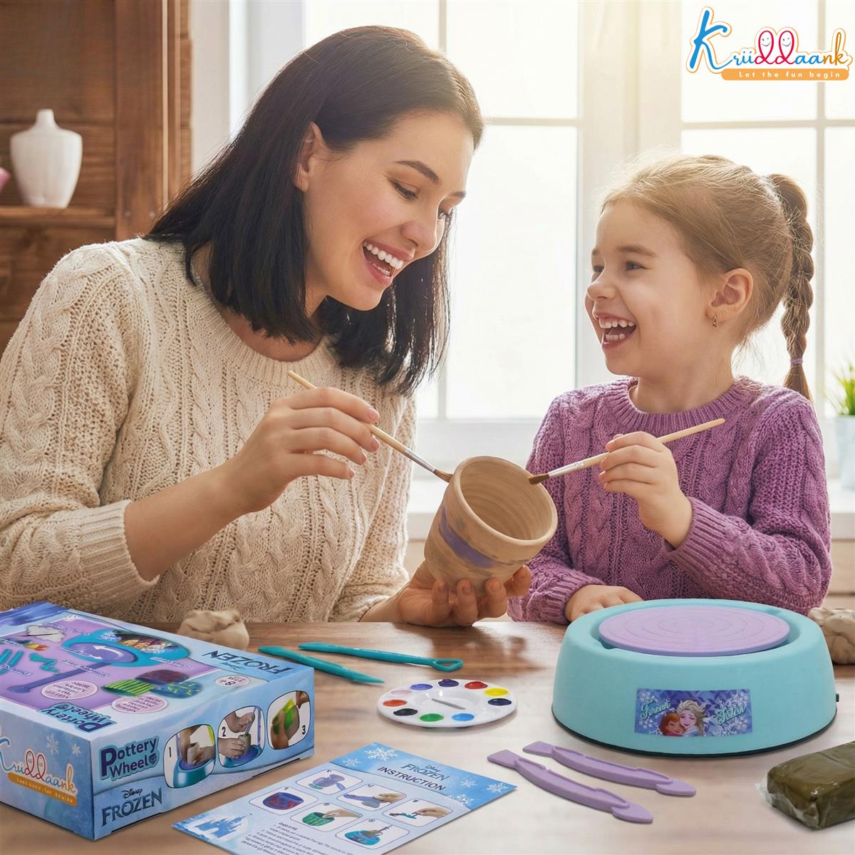 Frozen Theme Pottery Wheel Kit for Kids - Elsa & Anna Clay Art & Craft Set with 800g Clay, 6 Acrylic Paints & Sculpting Tools - Educational DIY Pottery Making Toy for Girls Age 8+ (Turkish Blue)