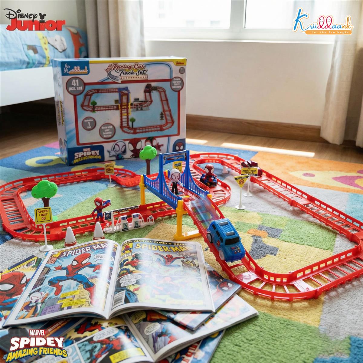 Spiderman Mini Track Set (41 Pcs) - Battery Operated Racing Car Track with Bridges, Roadway Signs & Traffic Cones | DIY Race Adventure Toy for Kids 3+ Years | Engaging & Educational Play Set
